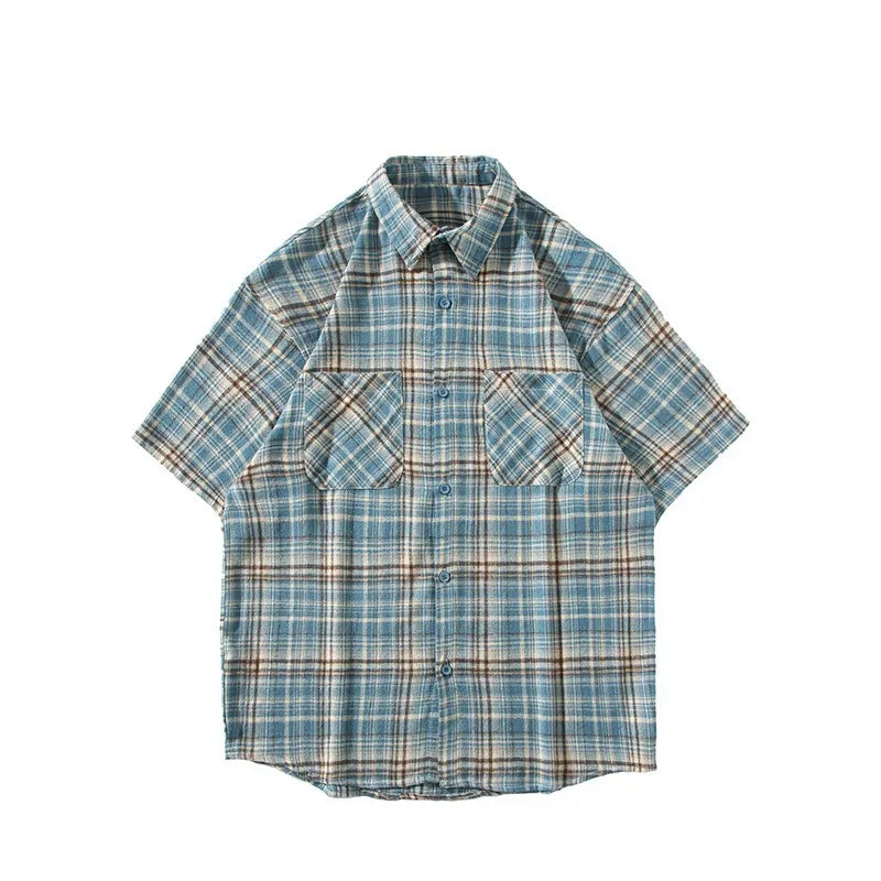 Threebooy Summer Men's Elegant Turn Collar Plaid Shirt Casual Street Wear Lapel Shirts For Men Vintage Vacation Blouse