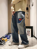 Threebooy Harajuku Wide Leg Baggy Jeans Pants Men Love Heart Oversize Straight Denim Buttton Cargo Long Trousers Streetwear Student New