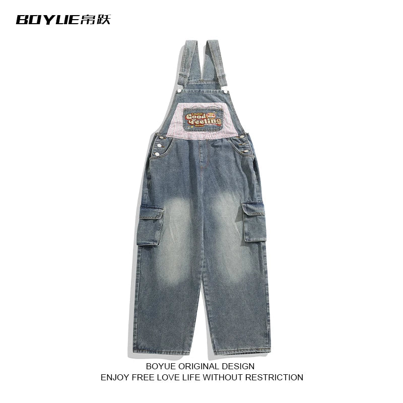 Threebooy American Retro Patch Embroidered Old Washing Denim Overalls Korean Fashion Men Women Vintage Jumpsuits Aesthetic Functional