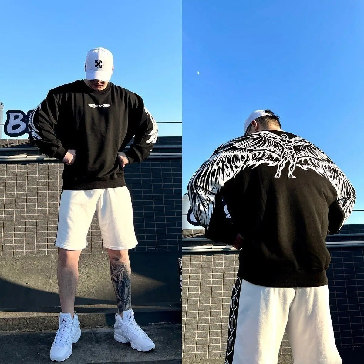 Threebooy Harajuku New Oversized Wing Pattern Round Neck Sweatshirt Men Clothing Casual Hip Hop Sports Long Sleeve Pullover Streetwear