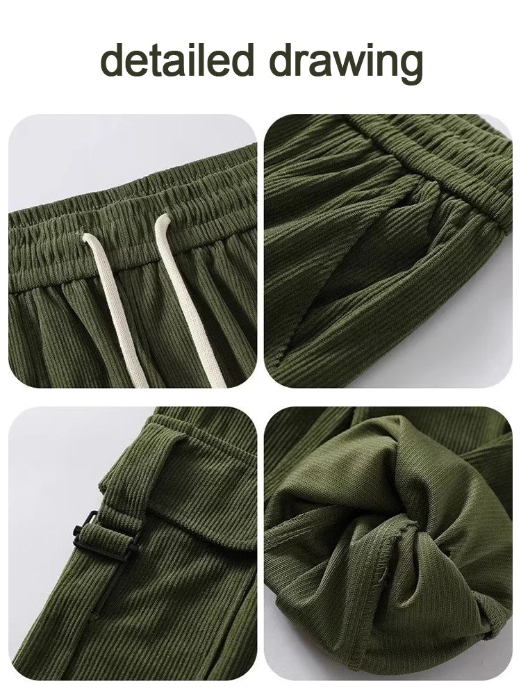 Threebooy Corduroy Cargo Pants Men Oversize Wide Leg Cargo Trousers Male Streetwear Hip Hop Harajuku Green Loose Japanese Vintage