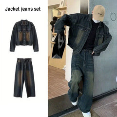 Threebooy Two Piece Set/single Piece Spring Autumn Jackets Jeans Tracksuit Trendy Vintage Loose Washed Old Jeans Set Male Street Outerwear