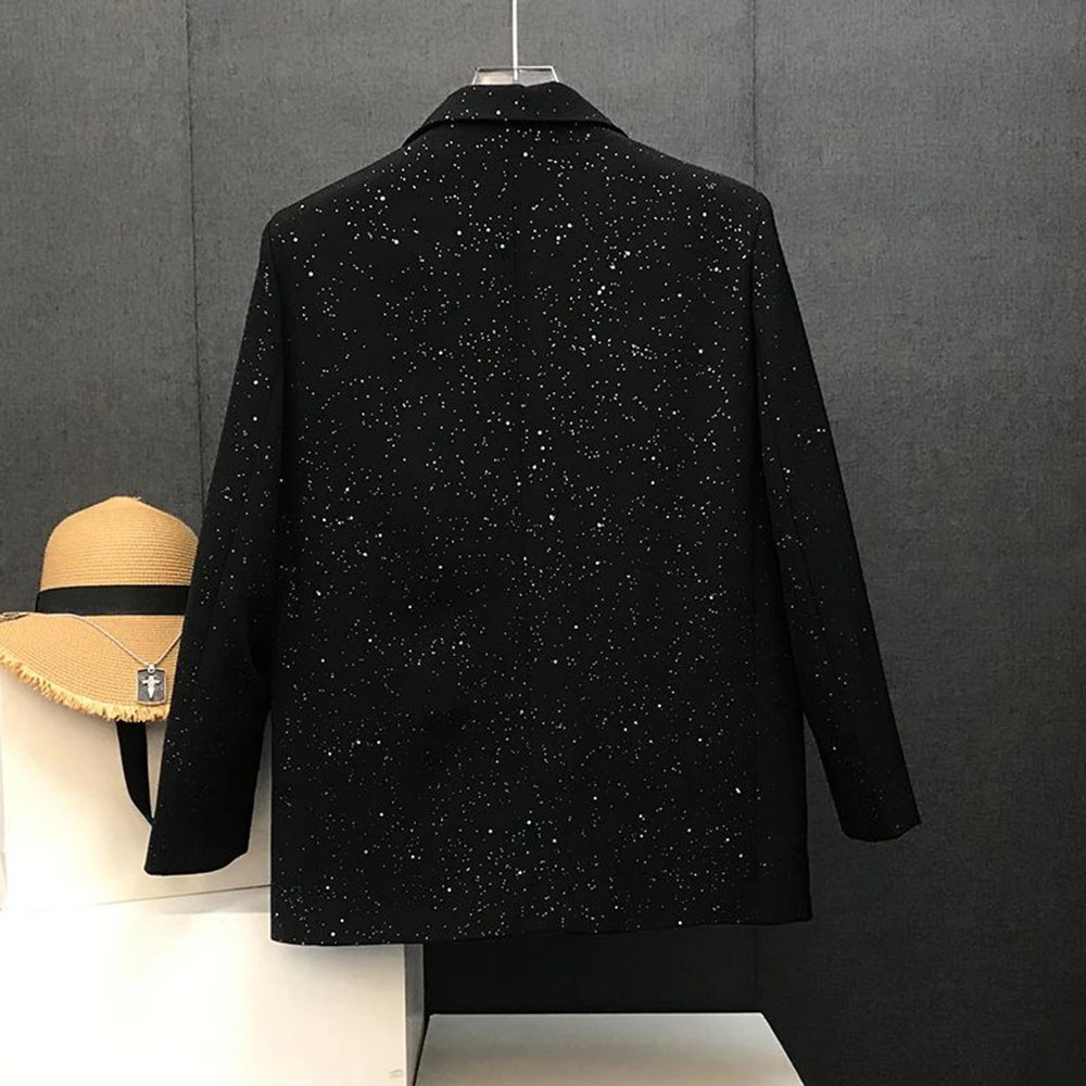 Threebooy Mens Y2k Jacket Starry Sky Shiny Suit Collar Jacket Streetwear Fashion Trend Show Youth Campus Long Sleeve Tops Men'S Clothing