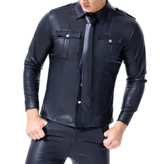 Threebooy Fashion Black Faux Leather Men Oversize Fitness Shirts Long Sleeves Pocket PU Metal Fastener Tops Tees Sexy Slim Fit Sexy Shirt