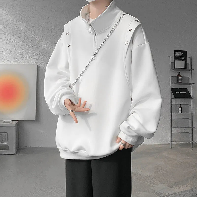 Threebooy  Men hoodie  Stand Collar Half Zip Sweatshirt Star Shoulder Design New Fashion Casual Streetwear Comfort Athletic Pullover
