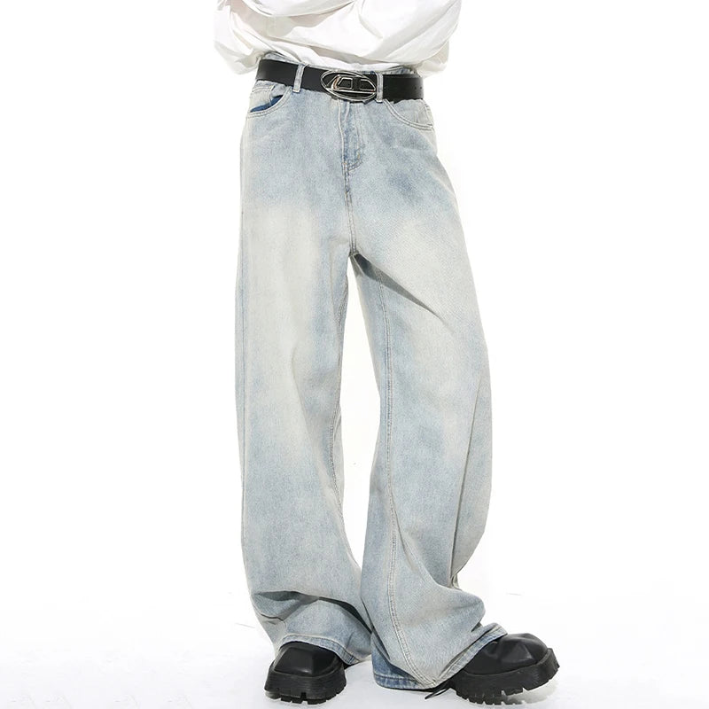 Threebooy  Washed Male Jeans Korean Fashion Worn Out Gradient Color Men's Denim Straight Pants Men Wide Leg Trousers Spring New