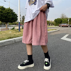 Threebooy Brown Corduroy Shorts Oversized Baggy Five Point Trousers Summer Korean Fashion Wide Leg Pants Ins Hip Hop Bottoms Men and Women