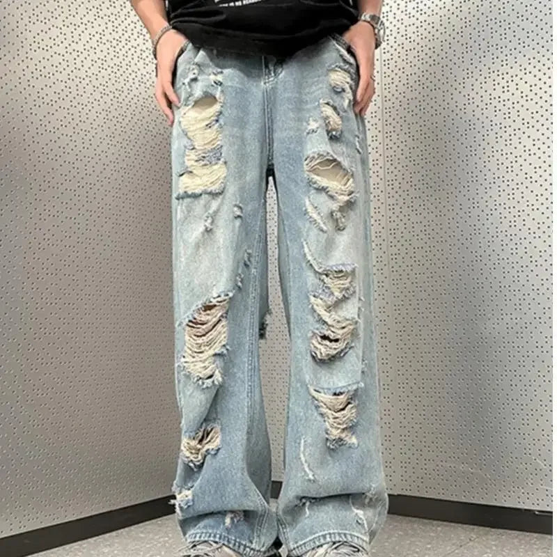 Threebooy Vintage Distressed Straight-leg Jeans American Style Slimming Bell Bottoms Loose Fit High-waisted Summer Thin Version For Men