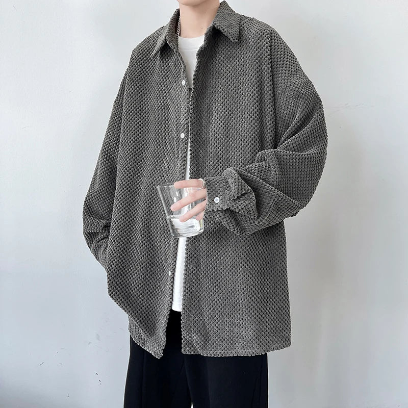 Threebooy Pineapple Velvet Men's Casual Long Sleeve Button Shirt Coat Outwear Autumn Turn Down Collar Oversize Shirts Red/Black/Dark Gray