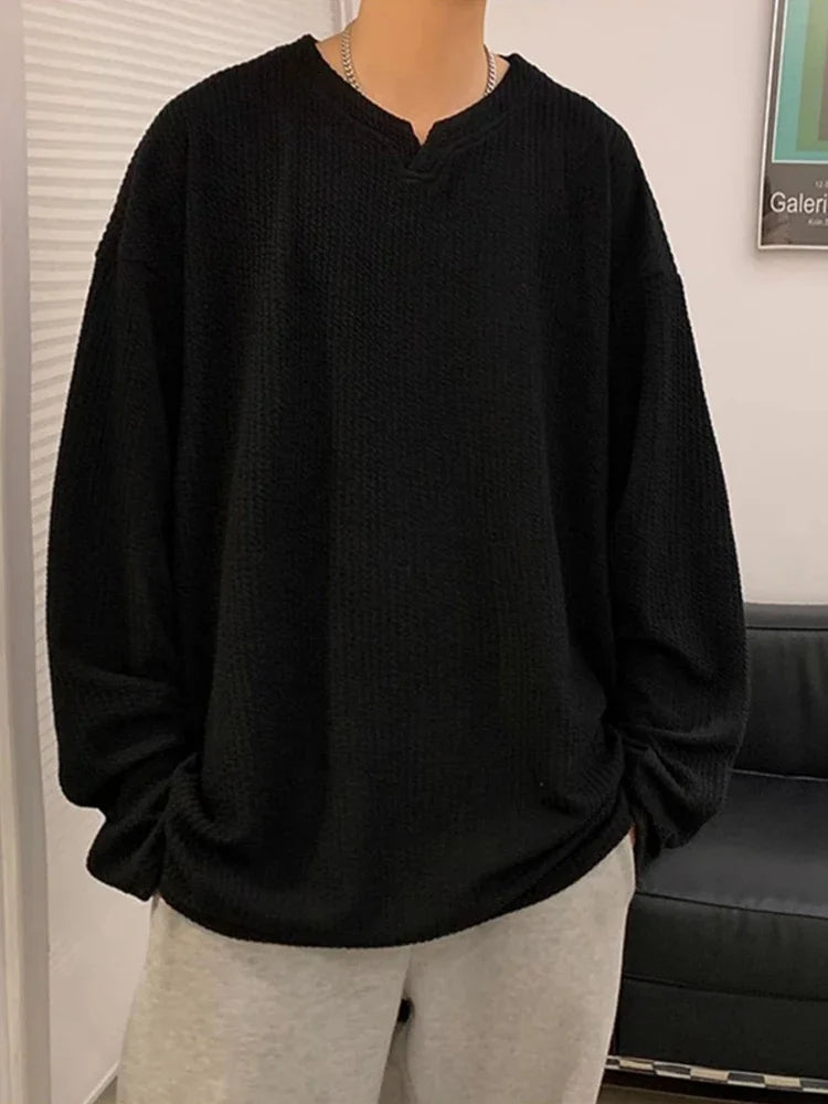 Threebooy  Autumn Men's V-neck Long Sleeve T-shirts New Solid Color Jacquard Waffle Pullover Tops High Street Fashion Breathable Tee Shirts