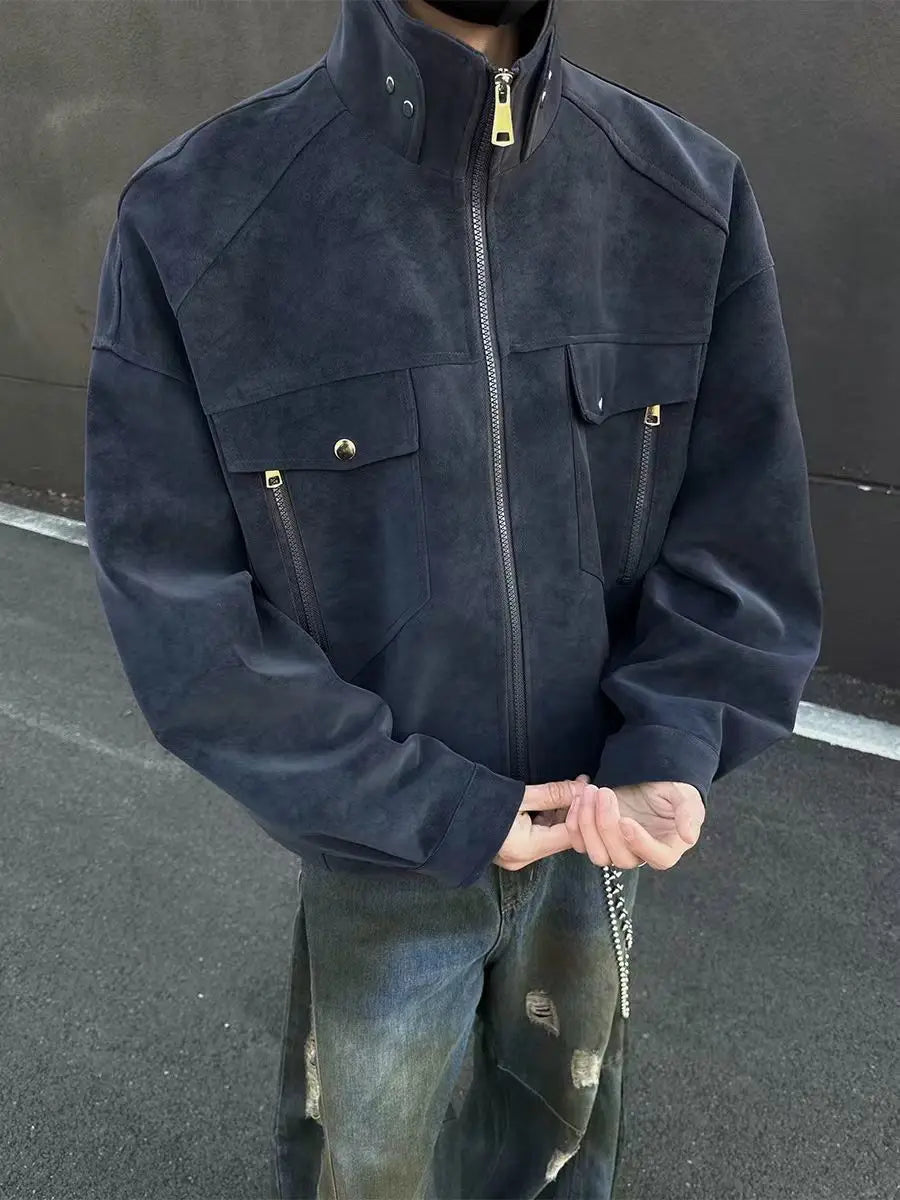 Threebooy Street Zipper Jacket High-end Handsome Stand-up Collar Coat American 2025 Retro Handsome Work Jacket Loose Top Urban