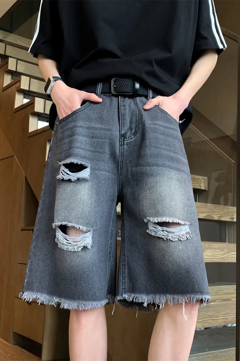 Threebooy Men's Blue Shorts Streetwear Baggy Jeans Jorts Straight Trousers Wide Pants Luxury Man Jeans Ripped Clothing