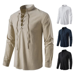 Threebooy  New Men's Casual Blouse Cotton Linen Shirt Tops Long Sleeve Tee Shirt Spring Autumn Slanted Placket Vintage Yoga Shirts