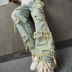 Threebooy Retro Style Men HipHop Ripped Patch Spliced Biker Jeans Men's Stylish Motorcycle Casual Straight Denim Pants