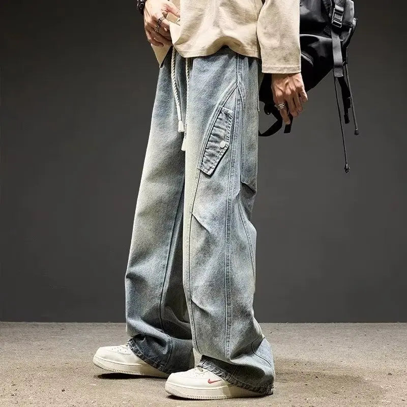 Threebooy Korean High Street Retro Men'S Jeans Pleated Patchwork Paratroopers Autumn And Winter Loose Casual Straight Leg Pants