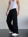 Threebooy High street retro casual large pocket overalls men's new summer high waist loose straight tube draped wide leg pants