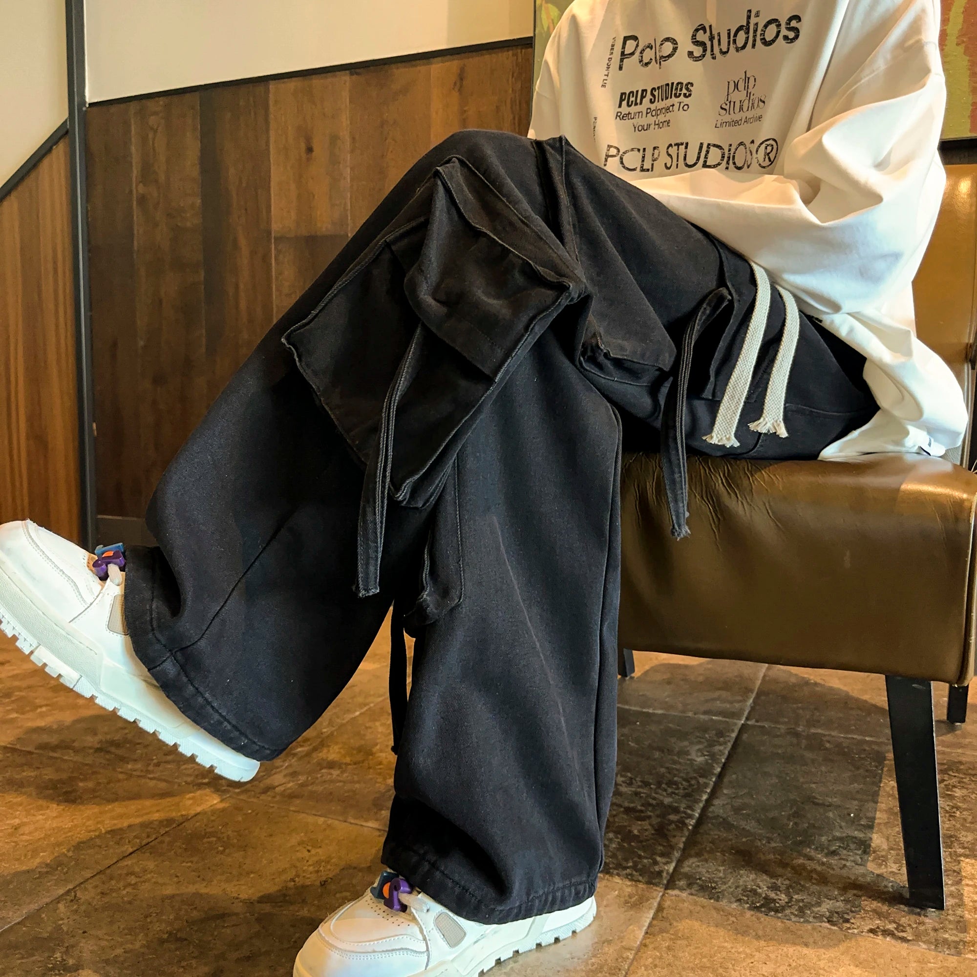 Threebooy Multi-pockets Ribbons Jeans Men Wide Leg Denim Pants Straight Baggy Men's Cowboy Hip Hop Streetwear Neutral Mopping Trousers