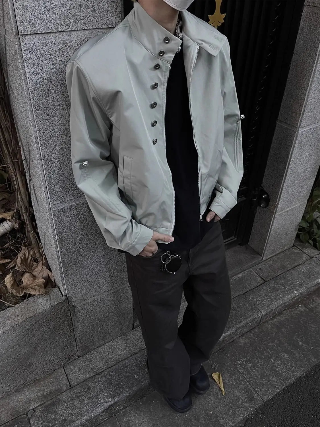 Threebooy American Retro Multi-button Stand Collar Design Jacket Men Korean Hip Hop Coat High Street Hip-hop Solid Color Classic Jacket