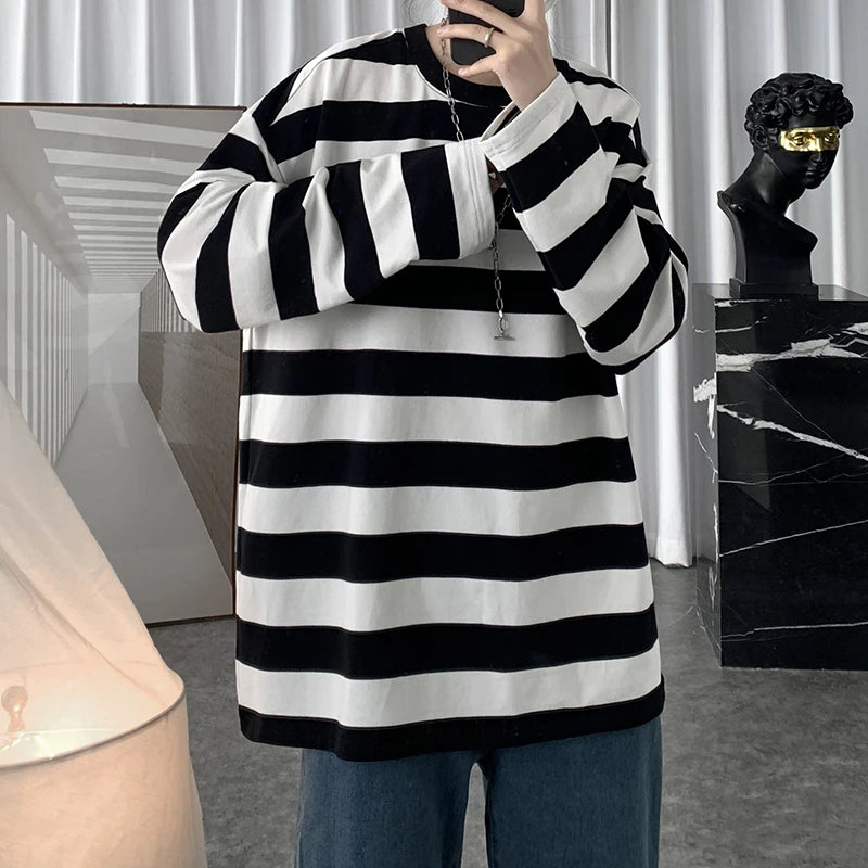 Threebooy Spring Mens Stripe Tops Tees Harajuku Long Sleeve T Shirts Casual High Quality Unisex Tshirt