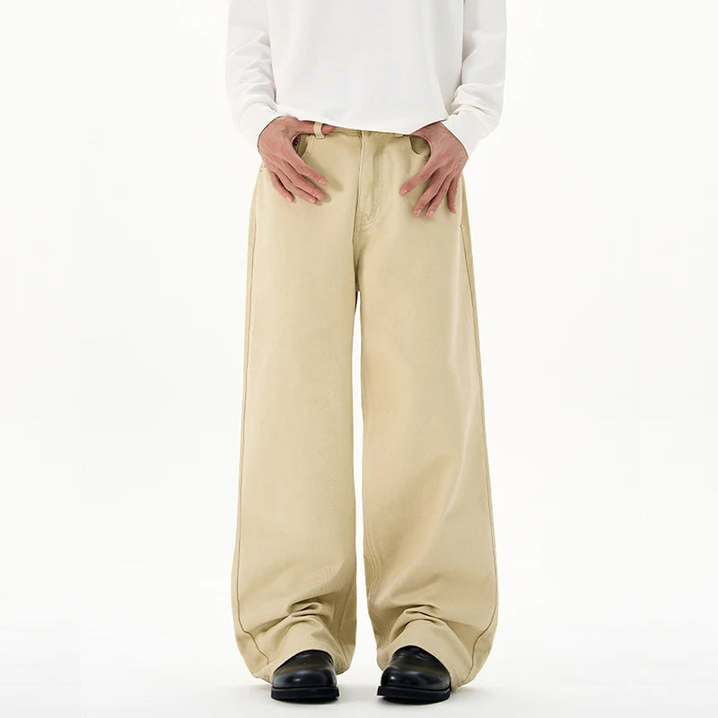 Threebooy Baggy Wide-leg Jeans 100% Cotton Comfortable Breathable Autumn Casual Denim Pants Loose Straight Trousers Fashion Streetwear