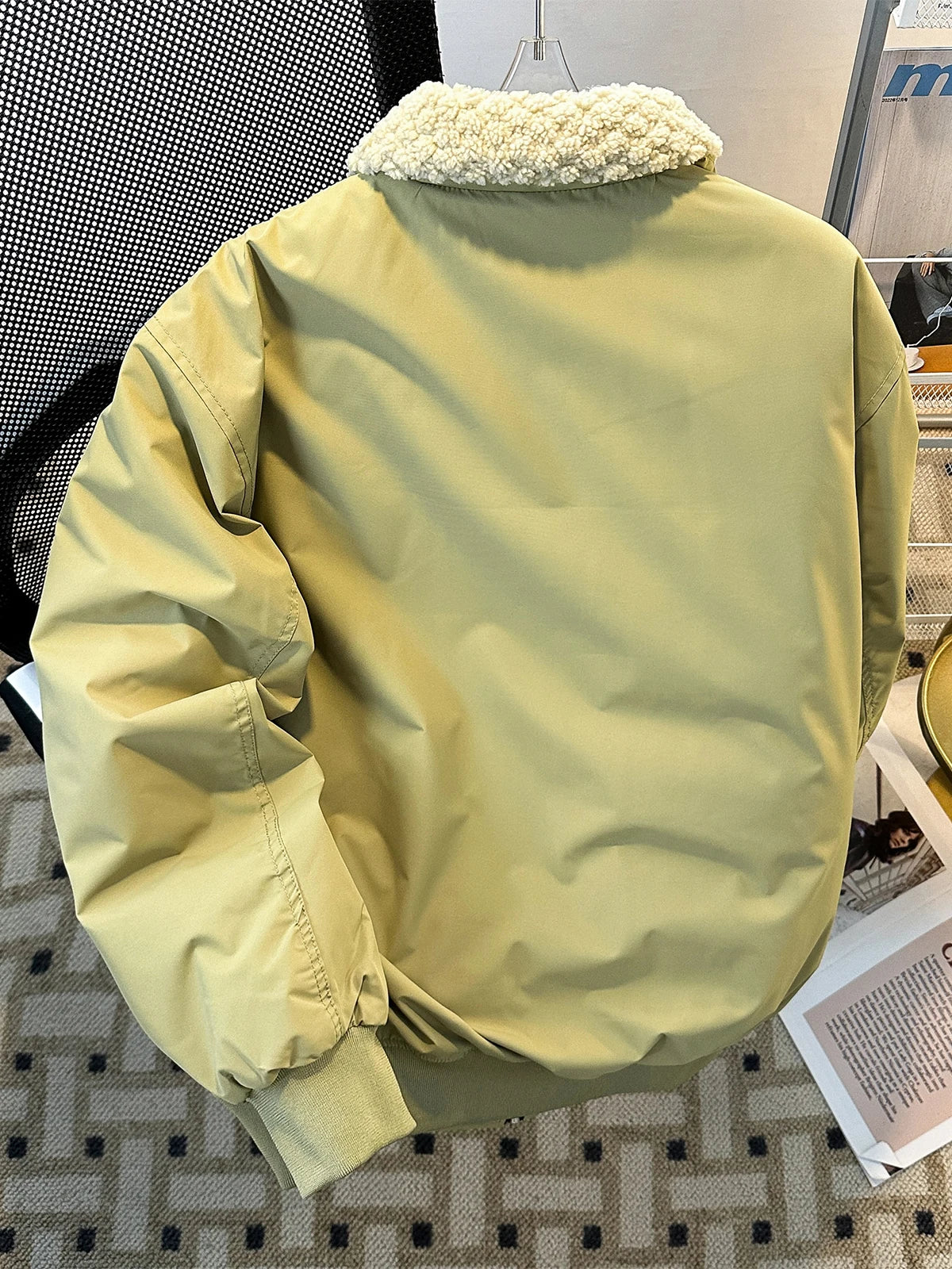 Threebooy Japanese Solid Workwear Padded Coat Winter Loose Trend Splicing Imitation Lamb Fleece Collar Cotton Jacket Casual Lapel Coat