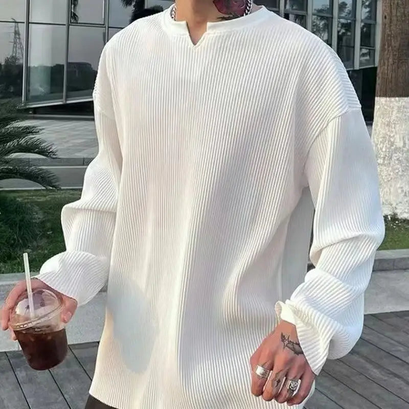 Threebooy Extra Large Pleated Pit Strip T-shirt for Men and Women with Design Sense V-neck Loose Long-sleeved Cityboy Henry Collar T-shirt