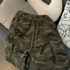 Threebooy Summer New Trend Male Camouflage Drawstring Shorts Large Pocket Design Elastic Waist Loose Casual Men Pants