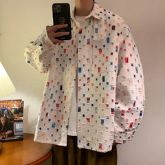 Threebooy  Cotton Hollow Out Shirt Men Oversized Fashion Casual Color Plaid Shirt Men Streetwear Loose Long Sleeved Shirt Mens Hole Shirts