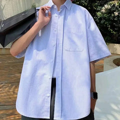 Threebooy  Men Striped Short Sleeve Shirt Loose Avantgarde Design Unique Casual Lightweight Breathable Edgy Fashion Shirts