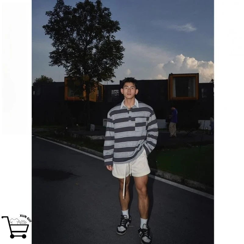 Threebooy Autumn American Retro Striped POLO Shirt Men's Trend High Street Vintage Top High-end Casual Loose Sweatshirt Preppy Lapel Shirt