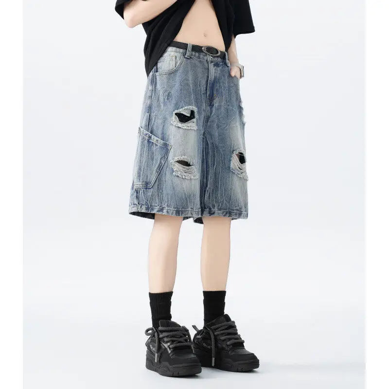 Threebooy  Distressed Denim Shorts mens Ripped Pocket Streetwear Summer Fashion Trendy Urban Vintage Casual Women Men Comfort Stylis
