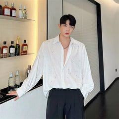 Threebooy Spring New Male Casual Chiffon Shirts Men's Lapel Niche Desgin Shirt Long Sleeve Shirt Male Stage Show Dress Shirt