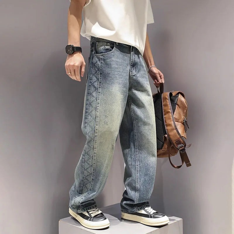 Threebooy Korean Version Autumn Men'S Jeans Totem Wrinkled Straight Leg Pants Retro Blue Pants Casual Mens Baggy Jeans