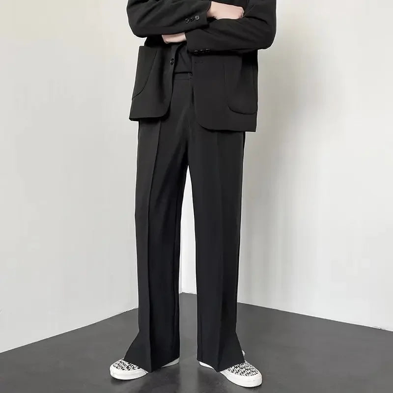 Threebooy  Men Casual Pants Summer New Fashion Korean Slim Suit Pants Personality Slit Wide Blazer Trousers Male Streetwear