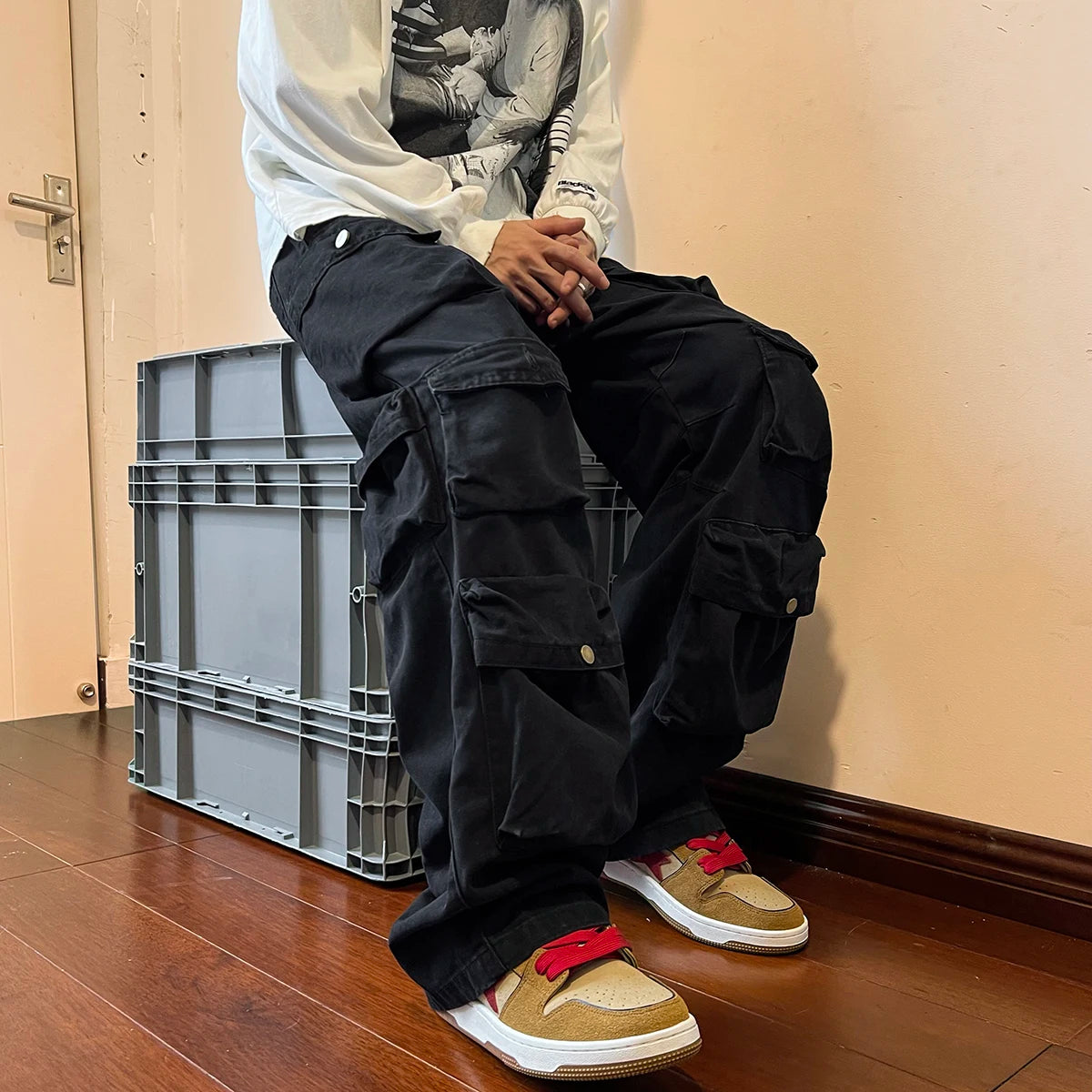 Threebooy  Cargo Pants Multi-pockets Tooling Pant Harajuku Men's Vintage Loose Wide Leg Pants Streetwear Casual Hip-hop Mopping Trousers