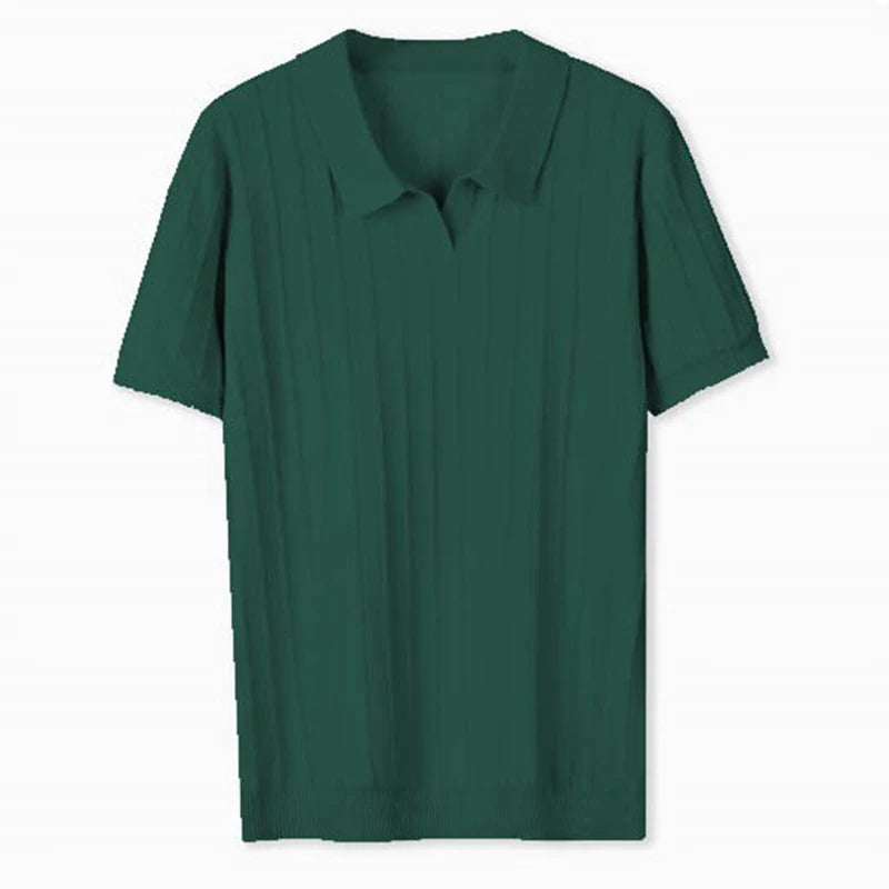 Threebooy  New Men's Clothing Luxury Business V Neck Polo Shirt Casual Slim-fit Knitted Solid Color Short Sleeve T-shirt High Quality Tops