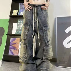 Threebooy Street men and women trendy and personalized hip-hop straight leg washed gradient jeans for couples loose casual Harajuku pants