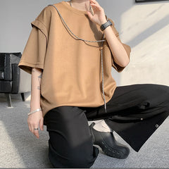 Threebooy Hip Hop T-shirts Men Simple Popular Korean Style Bandage Design Loose Individual Chic Comfortable Patchwork Students Summer Tees