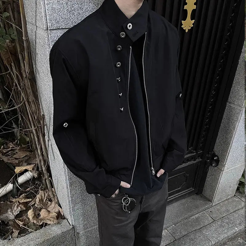 Threebooy American Retro Multi-button Stand Collar Design Jacket Men Korean Hip Hop Coat High Street Hip-hop Solid Color Classic Jacket