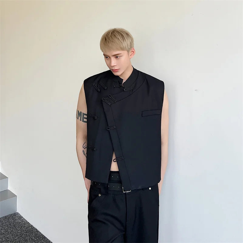 Threebooy 2024 Spring Round Collar Male Vest Chinese Style Button Solid Color Sleeveless Vests Trendy Men's Clothing Niche Design