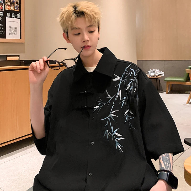 Threebooy Bamboo Embroidery Shirts Men Summer Male Handsome Chic Fashion Ins High Street Half-sleeve Cool Casual Baggy New Shirt 5XL-M