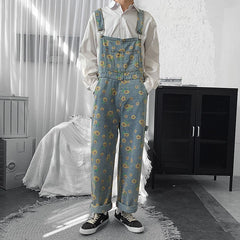 Threebooy Daisy Little Printed Overalls Denim Trousers For Men And Women New Loose Casual Jeans Jumpsuit Vintage Streetwear Tide