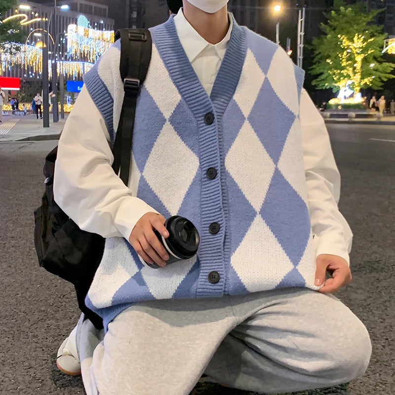 Threebooy Windproof Open Front Button V Neck Vest Waistcoat Men Warm Soft Coat Autumn Winter Top Sleeveless New Basic Casual Knit Cardigan