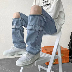 Threebooy Spring/Summer Fashion Removable Zipper Jeans High Street Retro Relaxed Straight Leg Pants One Pants Two Wear