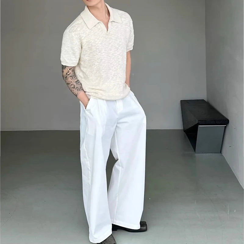 Threebooy  New Trend Men Seagull Collar Polo Shirt Light Luxury Textured Slim T-shirts Leisure Short Sleeve Solid Color Breathable Knitwear