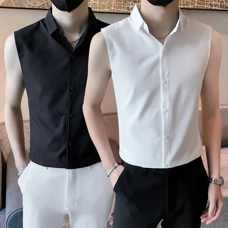 Threebooy  Elegant Fashion Harajuku Slim Fit Ropa Hombre Casual All Match Cotton Tshirts Solid Button Lapel Collar Sleeveless Blusa Vest