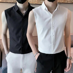 Threebooy  Elegant Fashion Harajuku Slim Fit Ropa Hombre Casual All Match Cotton Tshirts Solid Button Lapel Collar Sleeveless Blusa Vest