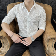 Threebooy  Fashion Lace Hollowed Out Shirt for Men Half Sleeve Sexy Nightclub Shirt Slim Fit Social Party Tuxedo Stage Performance Blouse