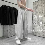 Threebooy Summer Thin Pants Men Fashion Gray Black Casual Ice Silk Pants Men Streetwear Korean Loose Straight Wide Leg Pants Mens Trousers