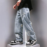 Threebooy High Street Jeans Men Cross Graphic Baggy Denim Pants Unisex Young Streetwear Blue Loose Punk Casual Fashion Y2k Trousers Summer